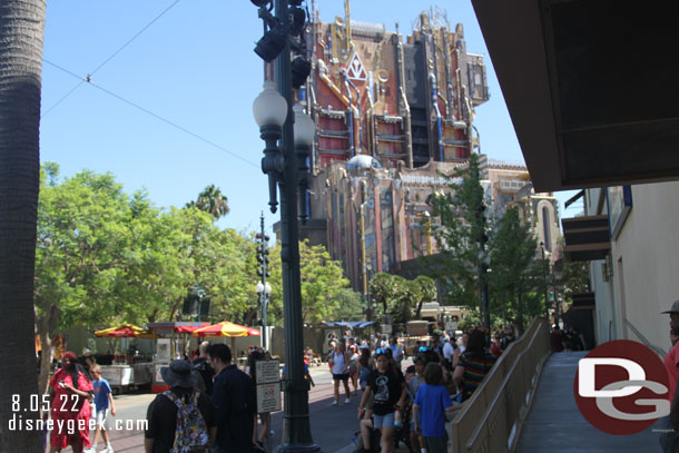 The Red Car stops just around the corner on Sunset Blvd now. It does not go into Avengers Campus.  The only indication of the spot is a warning sign.