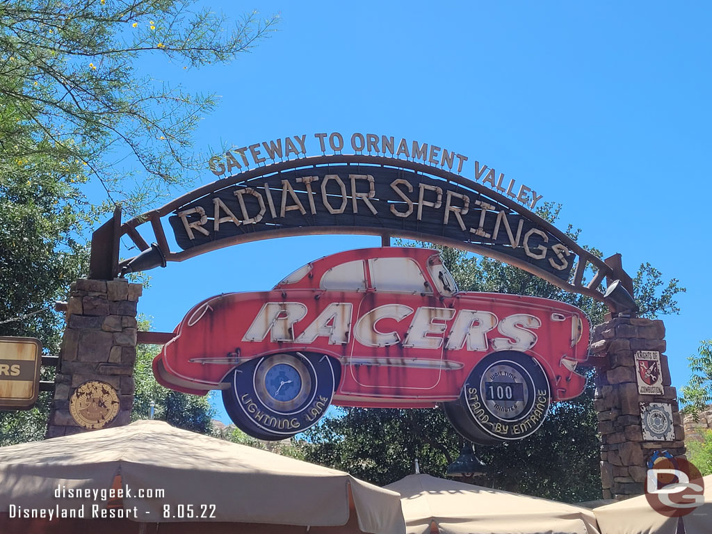 Passing by Radiator Springs Racers.  100 minute standby, and single rider looked to be on the long side too.