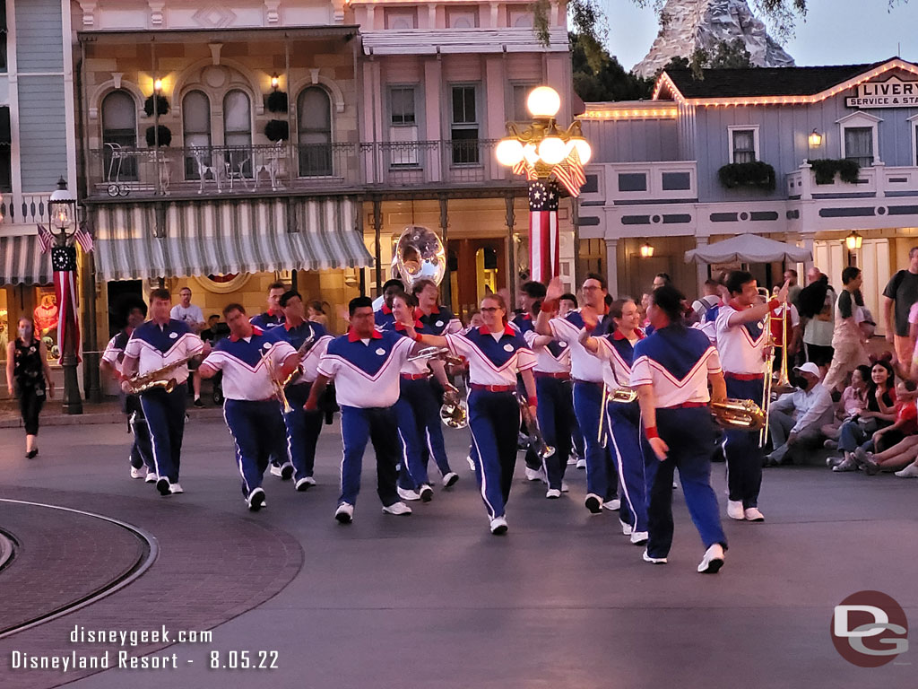 The 2022 Disneyland Resort All-American College Band on the parade route for their 8:00pm sete.