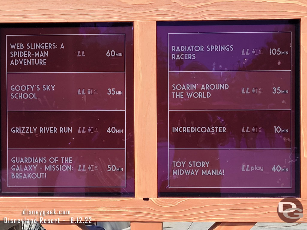 The screen along the parade route had wait times for some attractions.