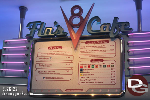 Stopped by Flo's V8 Cafe for lunch.  Many prices went up around the parks since my last visit.  Drinks are up around 50 cents.  