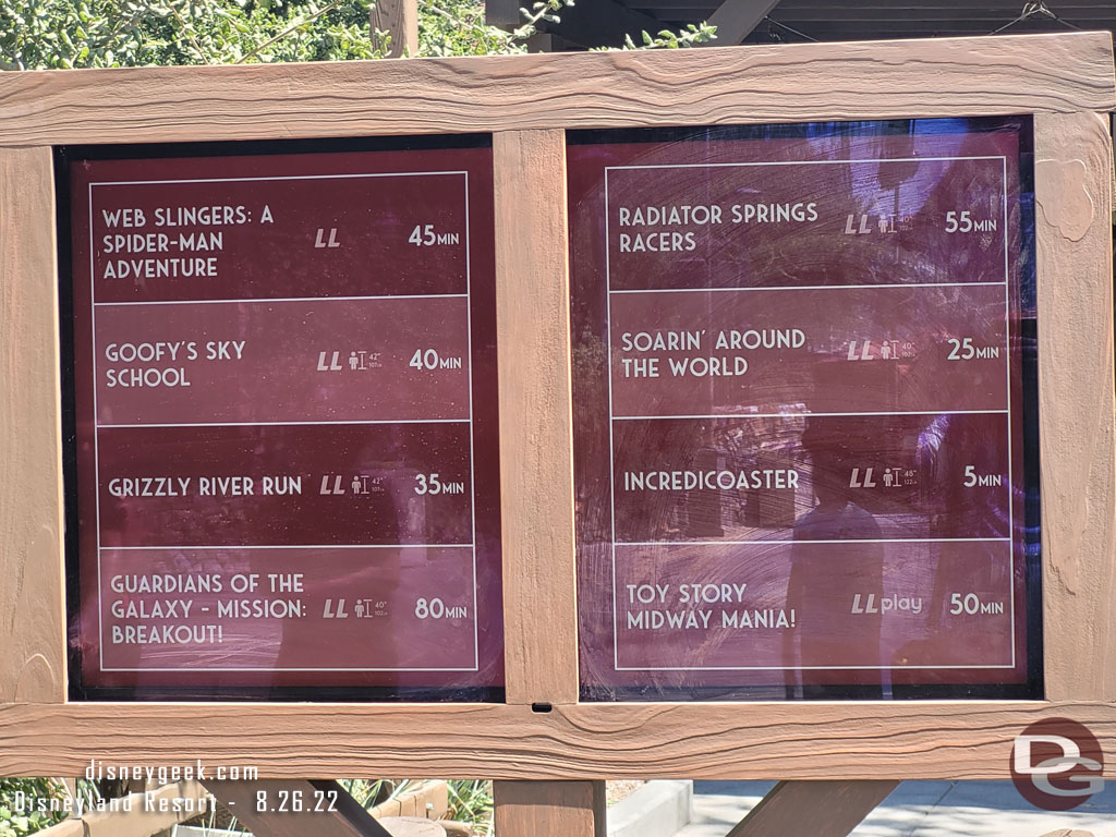 12:14pm - Some Disney California Adventure wait times.