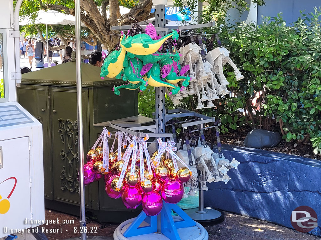 The selection of popcorn buckets in Tomorrowland.  Looks like the Elliot buckets will make it through the run of the Main Street Electrical Parade