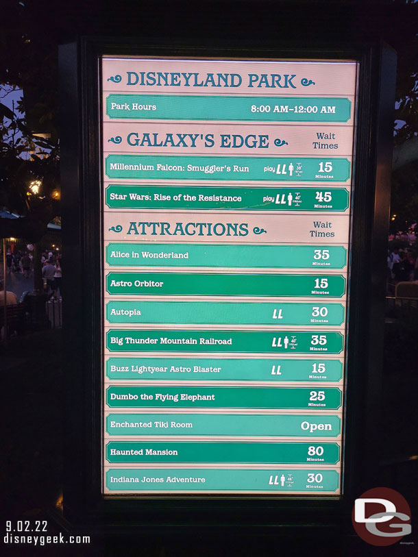 7:35pm Disneyland Wait Times