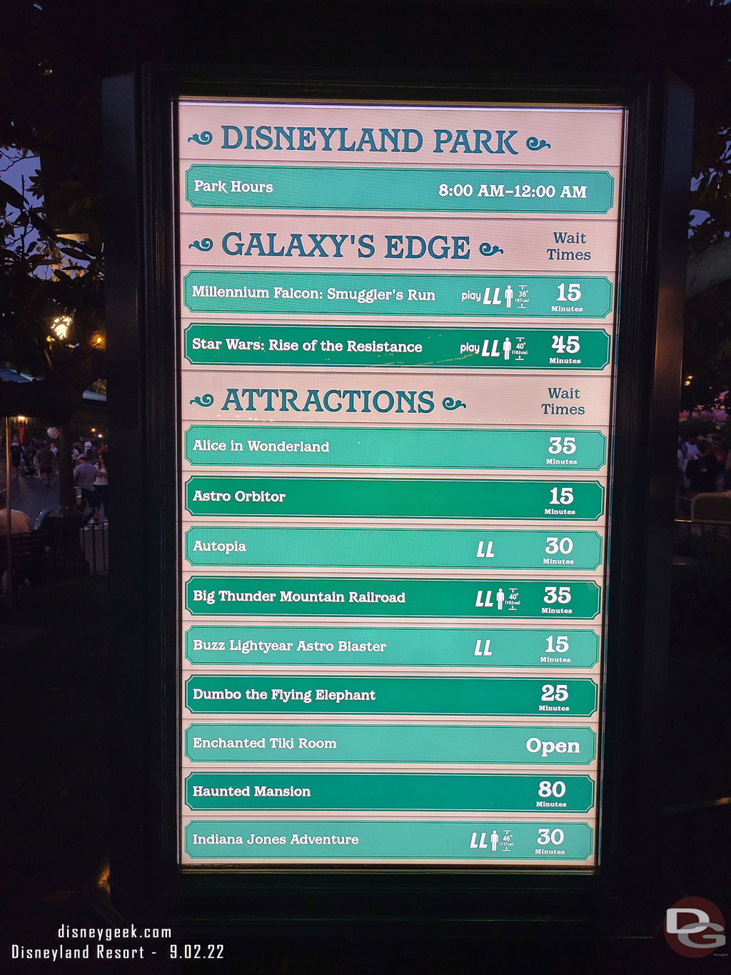 7:35pm Disneyland Wait Times