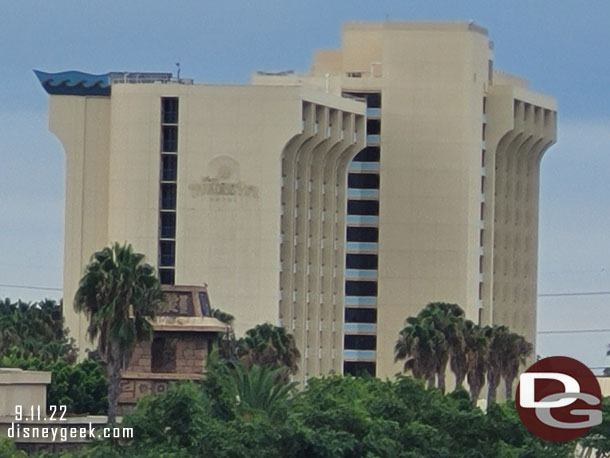 The Paradise Pier Hotel sign has been removed as the hotel is being renovated and changed to the Pixar Place Hotel.