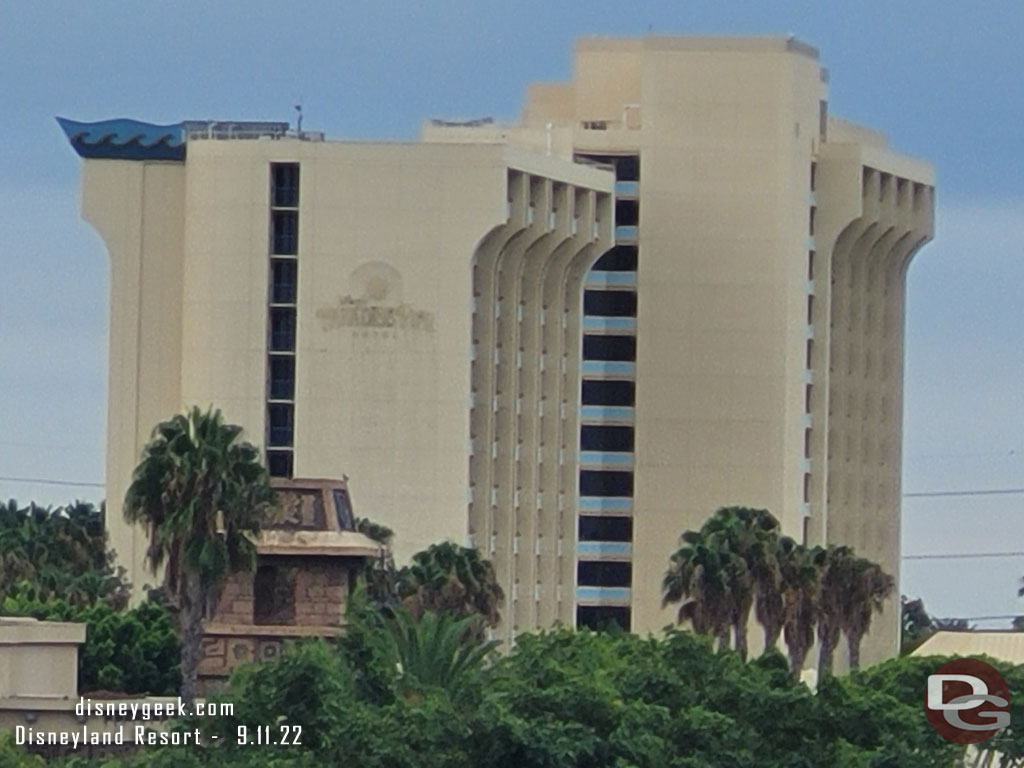 The Paradise Pier Hotel sign has been removed as the hotel is being renovated and changed to the Pixar Place Hotel.