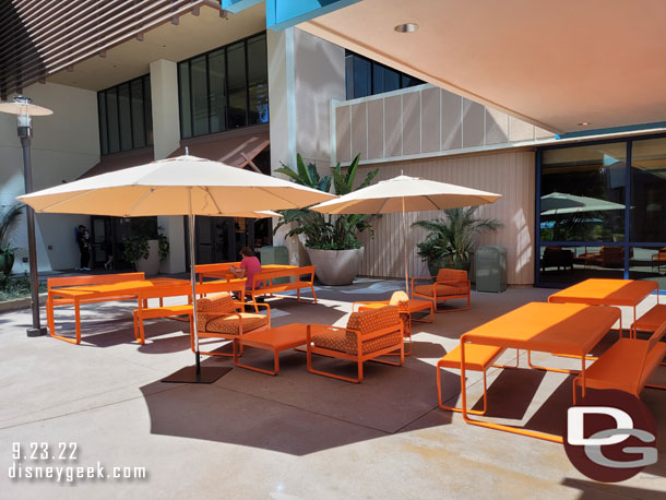 Orange furniture outside the Fantasy Tower.