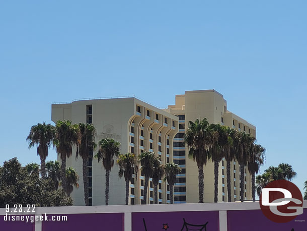 Looks like the Paradise Pier Hotel decorative elements around the roof have been removed.