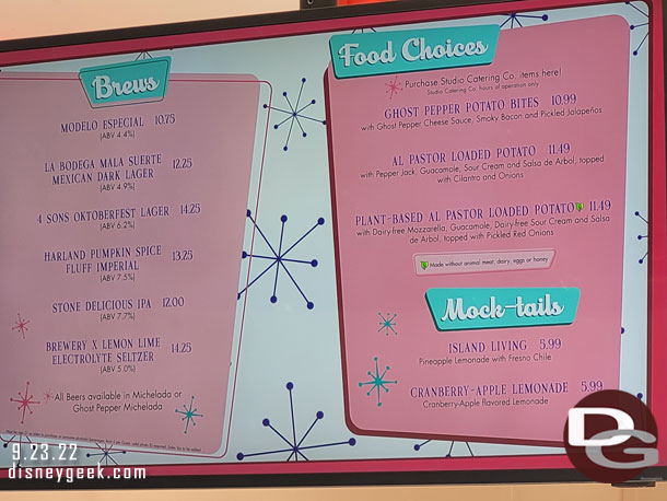 The current menu at the Hollywood Lounge