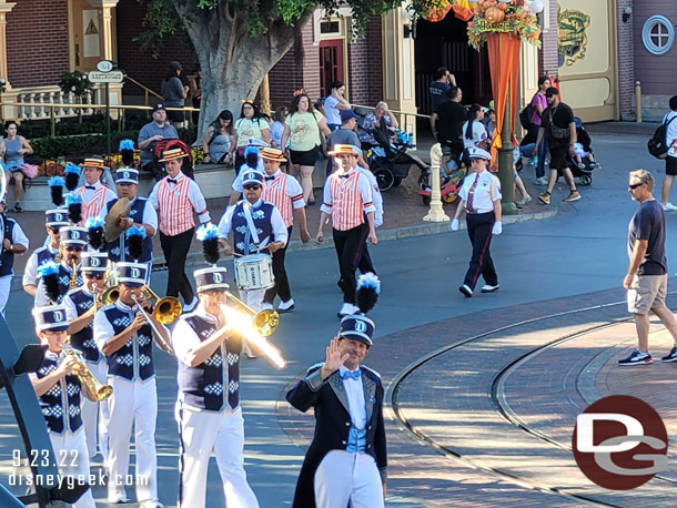 The Disneyland Band, Dapper Dans and Honor Guard arriving for the Flag Retreat