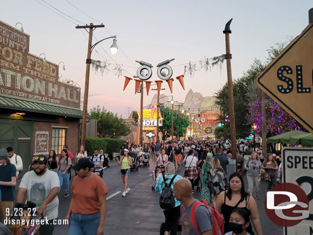 6:54pm - Cars Land lights are already on for the evening.