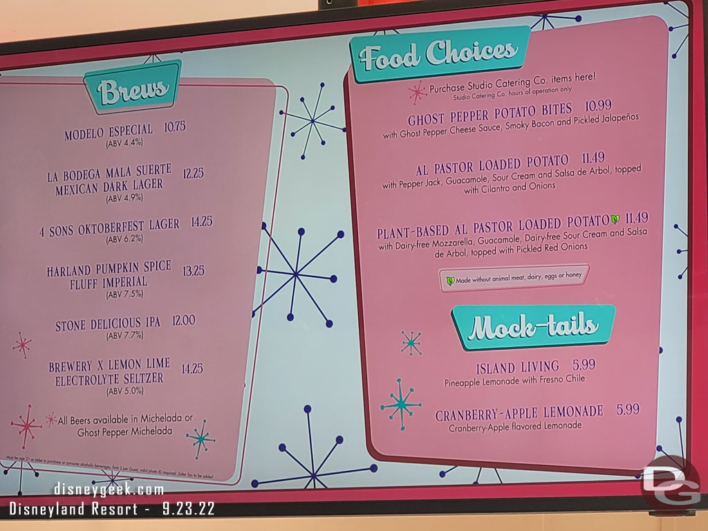 The current menu at the Hollywood Lounge