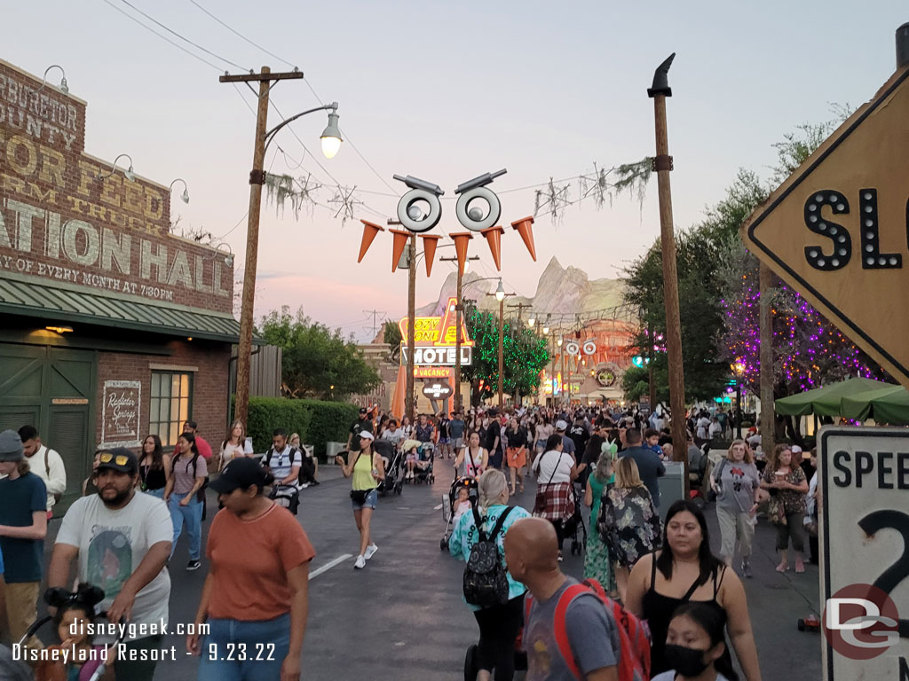 6:54pm - Cars Land lights are already on for the evening.