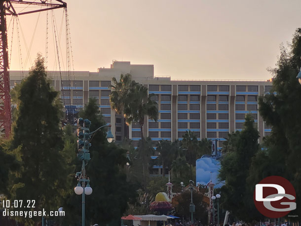 The Paradise Pier Hotel decorative elements at the top were removed a couple of weeks ago. 