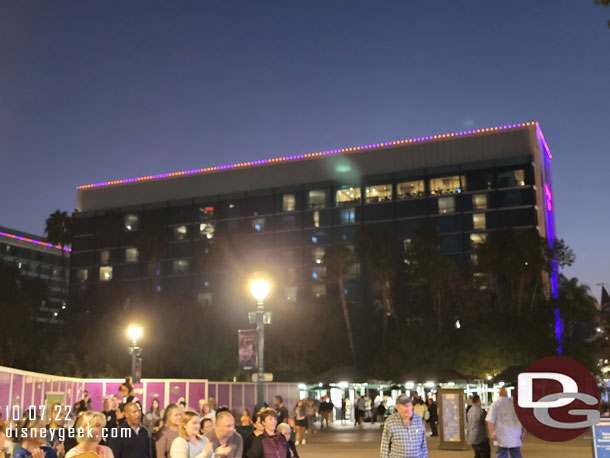 The roofline lights of the Adventure Tower are Orange and Purple for Halloween.