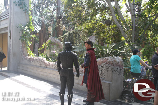 Dr. Strange and the Black Panther greeting each other in Avengers Campus