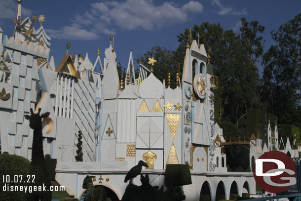 it's a small world holiday light installation is well underway with the cords framing the facade installed.  The attraction does not close until the 24th for the interior conversion.