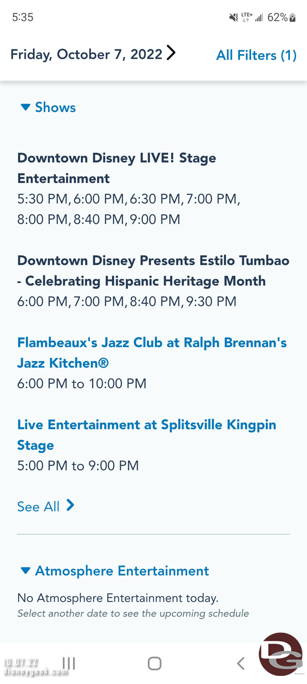 While eating I checked the performance times for Downtown Disney.  Found it interesting the times for the Scareolers were shown but they were not listed.