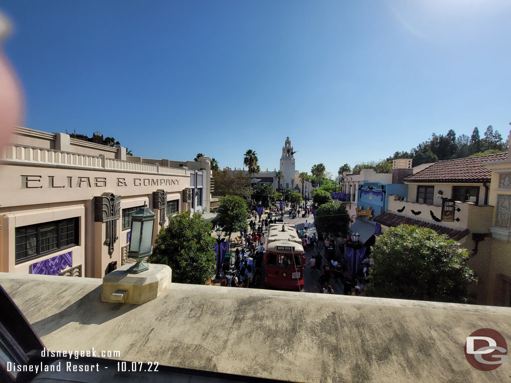 Passing over Buena Vista Street onboard the Disneyland Monorail.