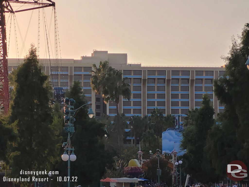 The Paradise Pier Hotel decorative elements at the top were removed a couple of weeks ago. 