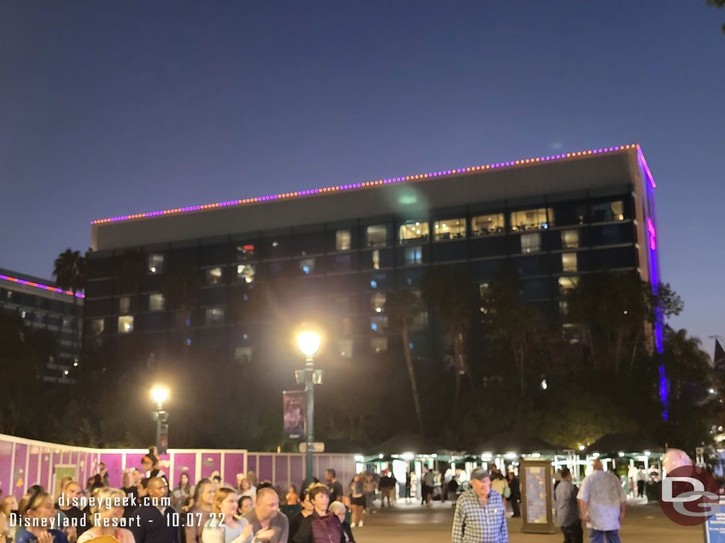 The roofline lights of the Adventure Tower are Orange and Purple for Halloween.