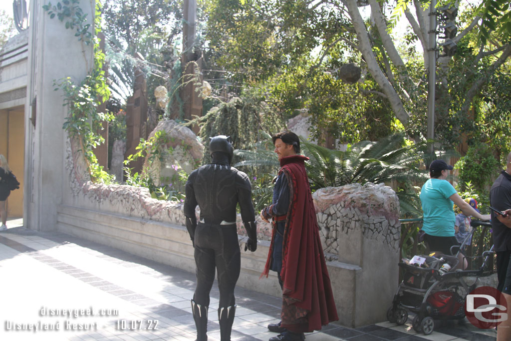 Dr. Strange and the Black Panther greeting each other in Avengers Campus