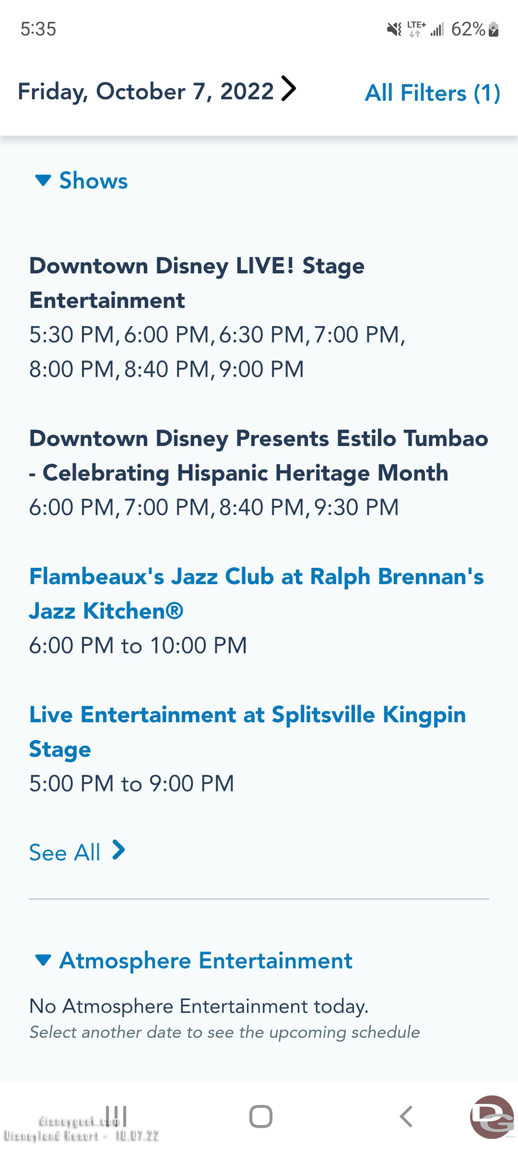 While eating I checked the performance times for Downtown Disney.  Found it interesting the times for the Scareolers were shown but they were not listed.