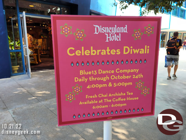 For Diwali the Blue13 Dance Company is performing at the Disneyland Hotel.