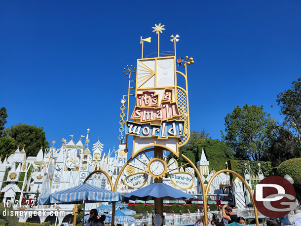 12:36pm - it's a small world had a 5 minute wait posted and since it closes Monday for the holiday makeover decided to go for a cruise.