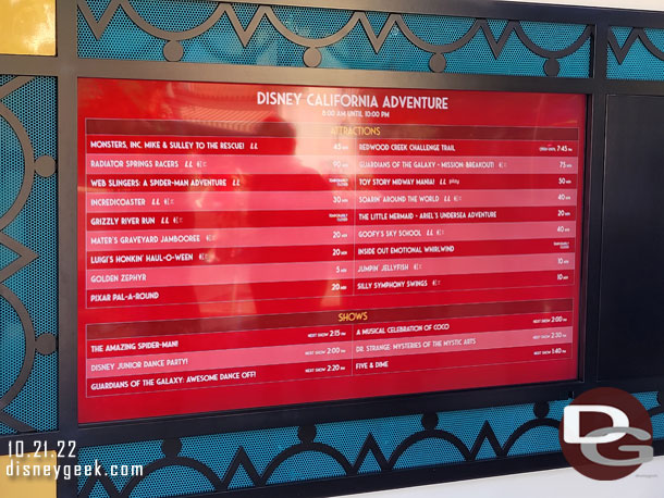 1:28pm - Some Disney California Adventure wait times.