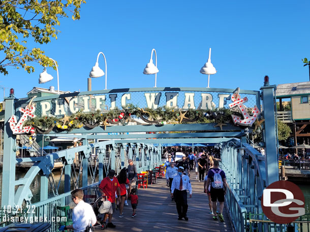 Christmas decorations up at the Pacific Wharf and an EMS team passing through the area 