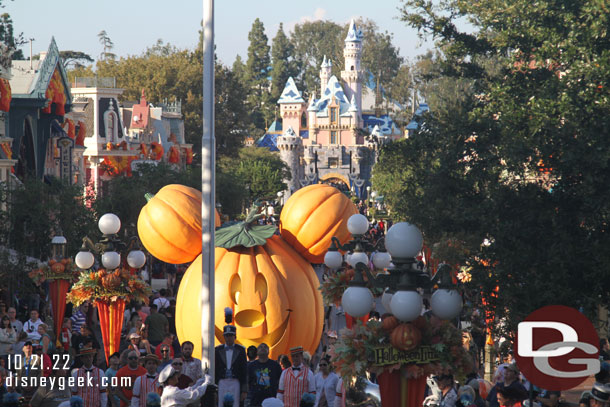 Mickey pumpkin with a snowy Sleeping Beauty Castle in the background were the backdrop for the Flag Retreat this evening.