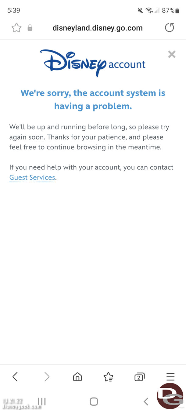 Before I start the pictures.. did anyone run into this on Thursday?  Every time I tried to log into any Disney site I received this message.  The fix turned out to be resetting my password.