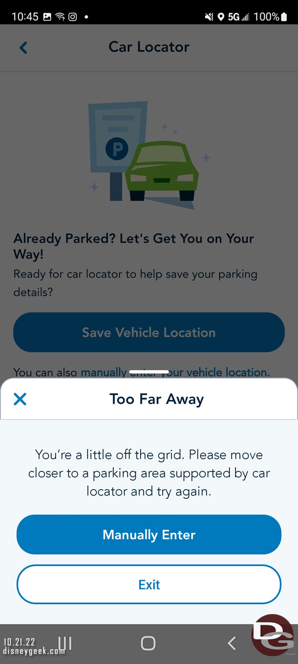 And it told me I was off the grid!  My spot was on the far side of the Mickey and Friends Parking structure so it was a long walk to the escalators but still...