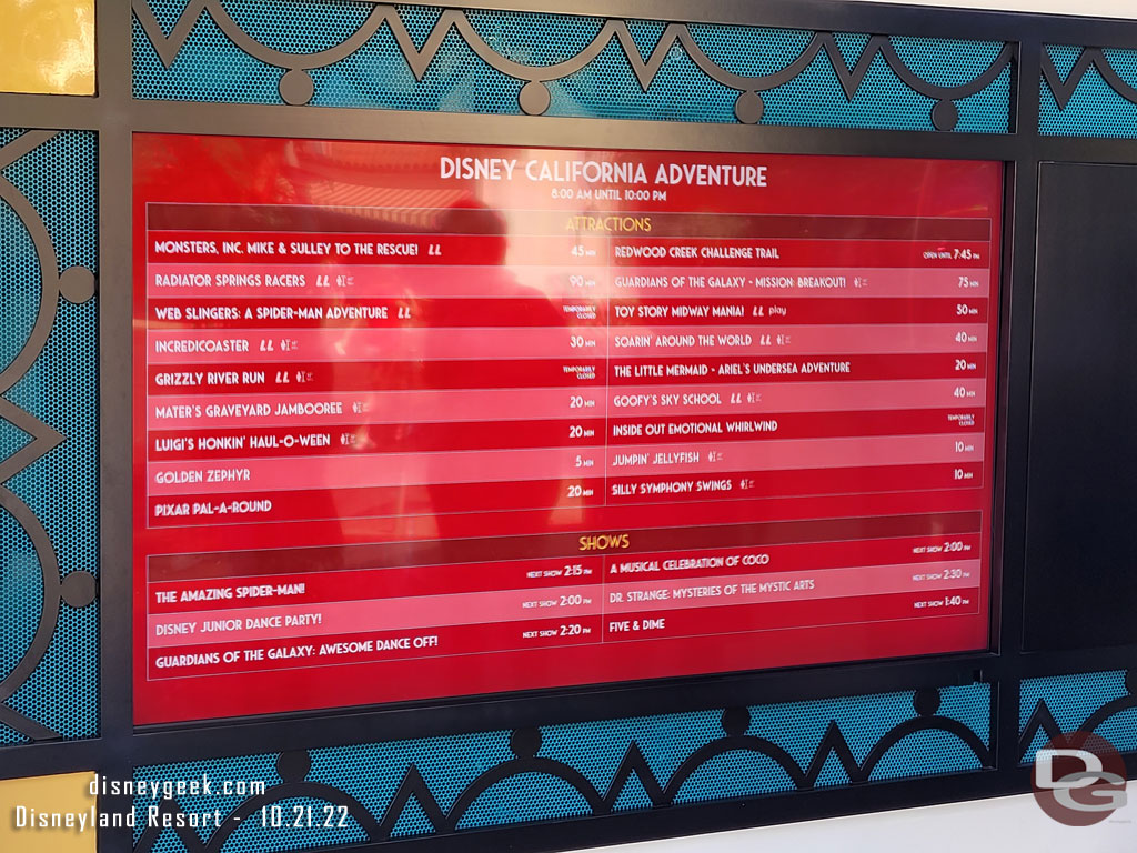 1:28pm - Some Disney California Adventure wait times.