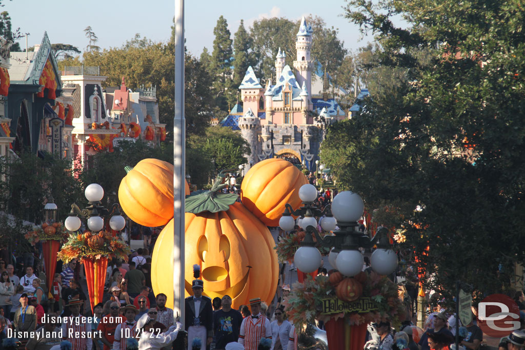 Mickey pumpkin with a snowy Sleeping Beauty Castle in the background were the backdrop for the Flag Retreat this evening.