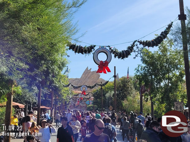 Route 66 in Cars Land is decorated for the holidays.