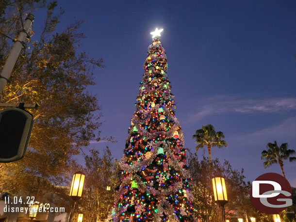 The Buena Vista Street Christmas tree was lit up this evening.