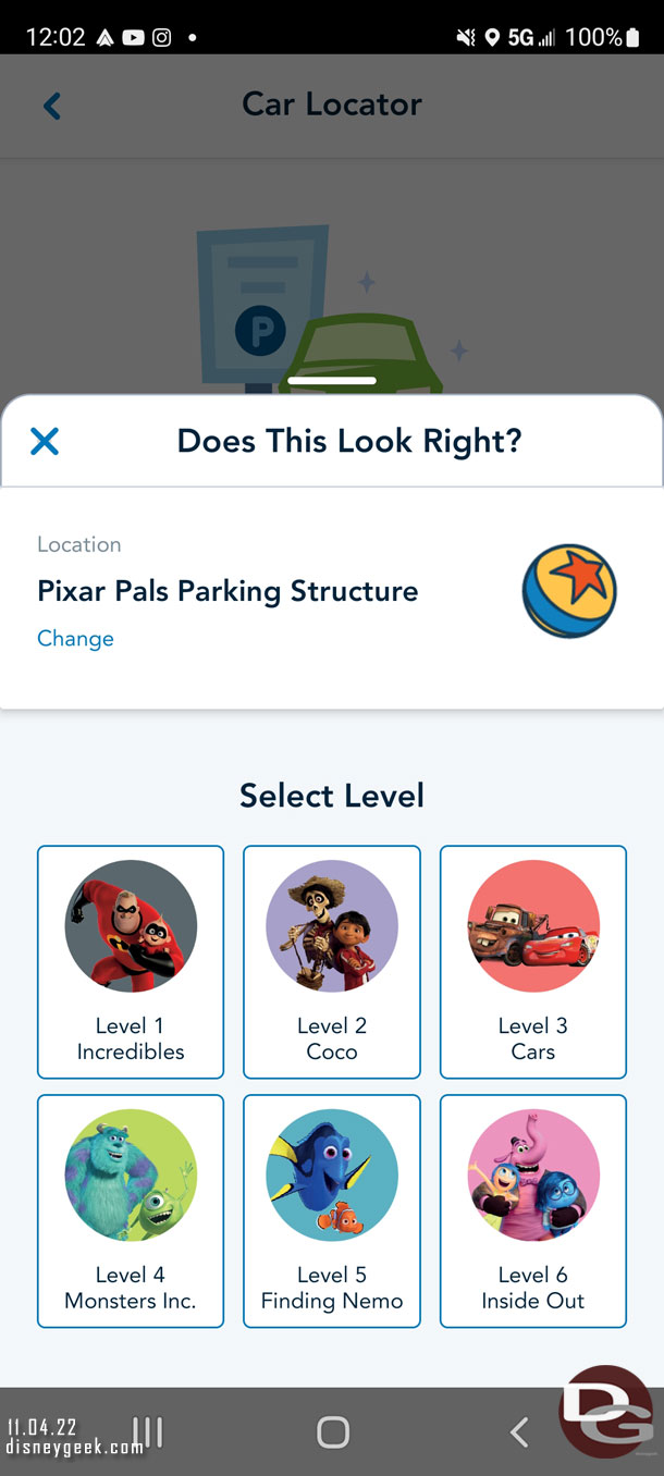 After parking my car I started up the Disneyland App to try the car locator feature again today. This time it figured out I was in the Pixar Garage.  But the rest of the info I had to manually enter.