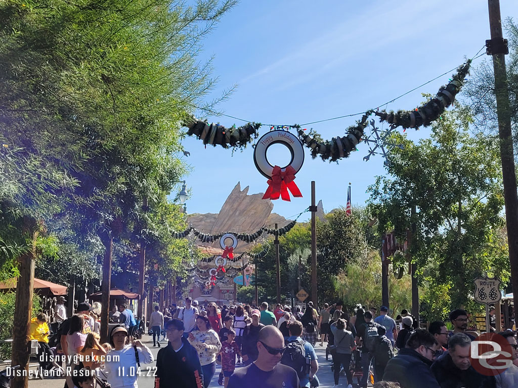 Route 66 in Cars Land is decorated for the holidays.