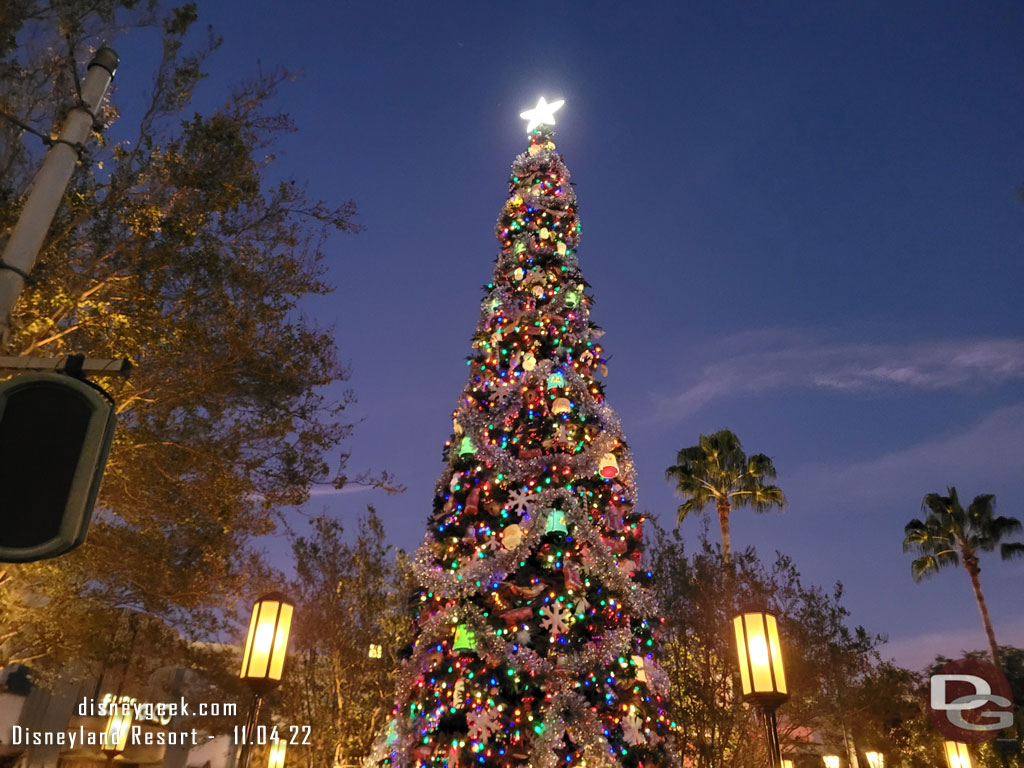 The Buena Vista Street Christmas tree was lit up this evening.