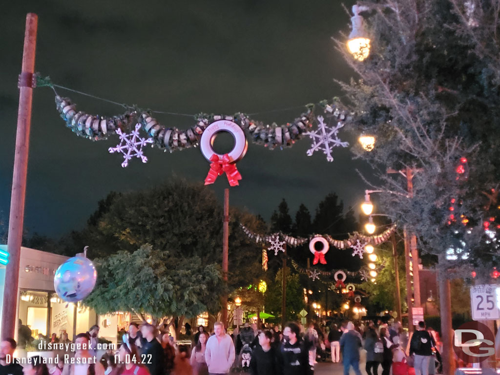 Cars Land Christmas lights are not on this evening.