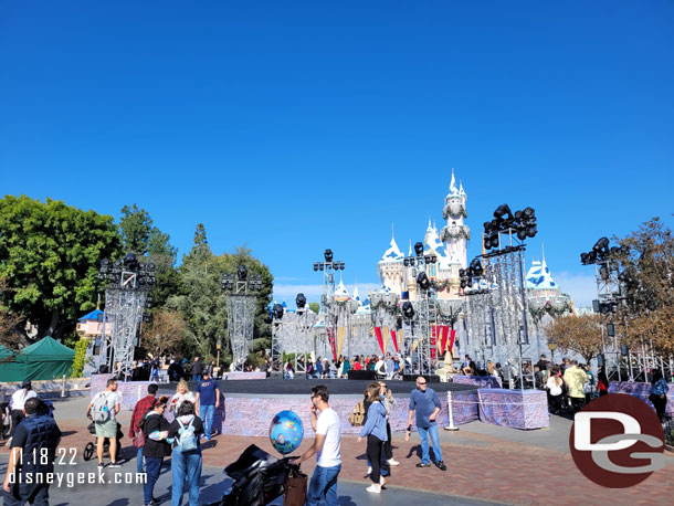 A stage and lighting set up in front of the castle for the holiday special taping. This is happening after hours this year.