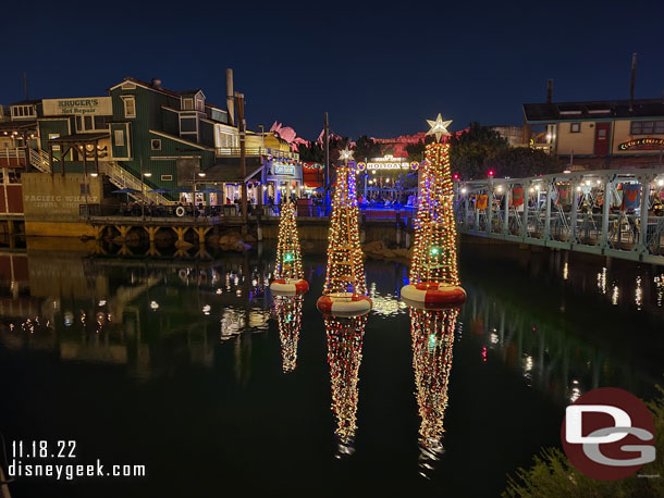 The Pacific Wharf has its Christmas Tree Buoys again.