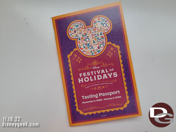 The Festival of Holidays are in full swing. Here is the cover of the Tasting Passport, which is a guide to the offerings throughout the park.