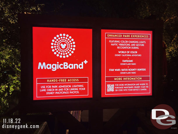 Returned to Disney California Adventure.  The MagicBand+ ads really jump out at night on the digital wait times board.