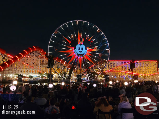 8:47pm - They let us in for World of Color, found a spot in the blue section.