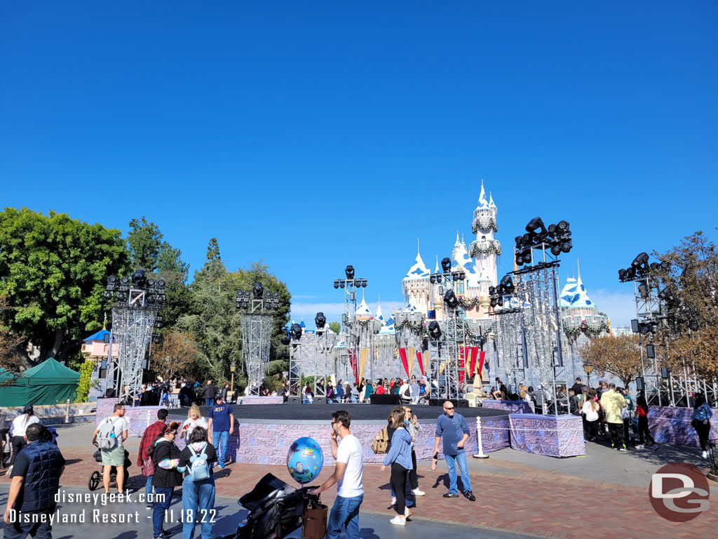 A stage and lighting set up in front of the castle for the holiday special taping. This is happening after hours this year.