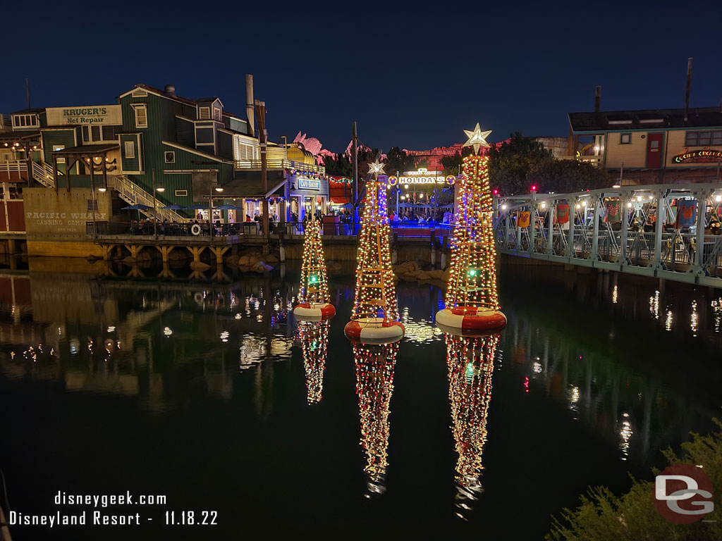 The Pacific Wharf has its Christmas Tree Buoys again.